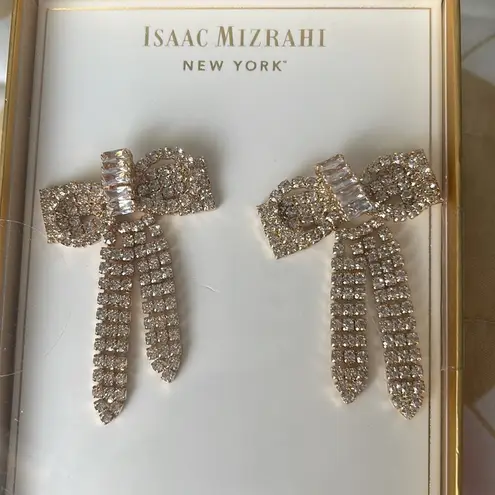 Isaac Mizrahi New  Gold Bow & Tassel Earrings Round & Baguette Crystals