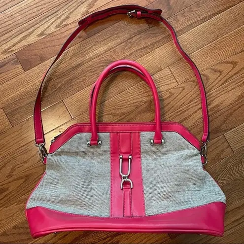 London Fog hot pink and grey leather and canvas Satchel Purse Bag