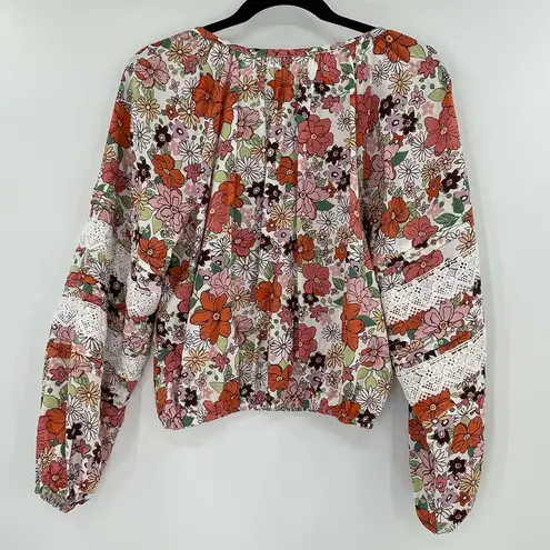Cropped Boho Lantern Sleeve Floral Print Top w/ Drawstrings & Lace, Small Orange