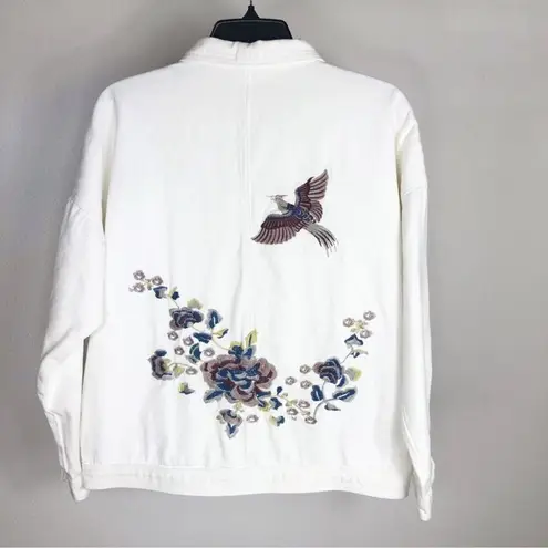 Sadie & Sage Distressed Embroidered Floral Bird Denim Jacket C28 White Size L