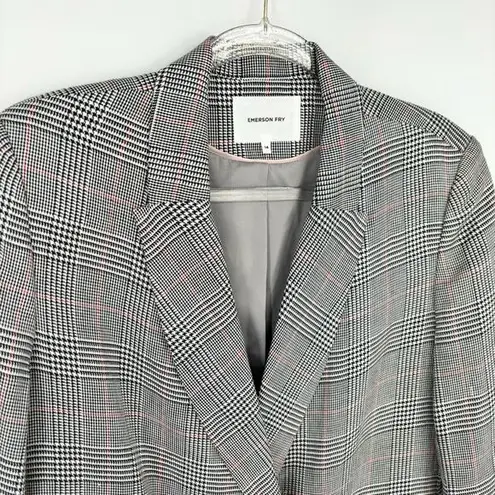 Emerson Fry Lee Blazer Jacket Houndstooth Plaid Linen Size 14 Black White