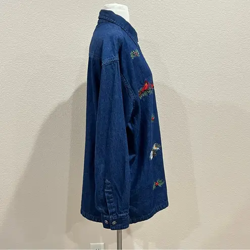 Company One Denim Shirt With Embroidered Cardinals, Holly, & Chickadees Size 1X Blue