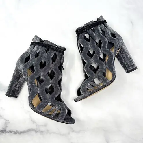 Alexandre Birman Loretta Metallic Caged Block Heel Sandal Booties Silver 38.5