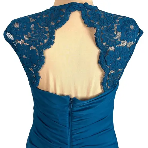 XScape Joanna Chen Teal Gown Size 8 Evening Cap Sleeve Lace Detail Ruched Draped