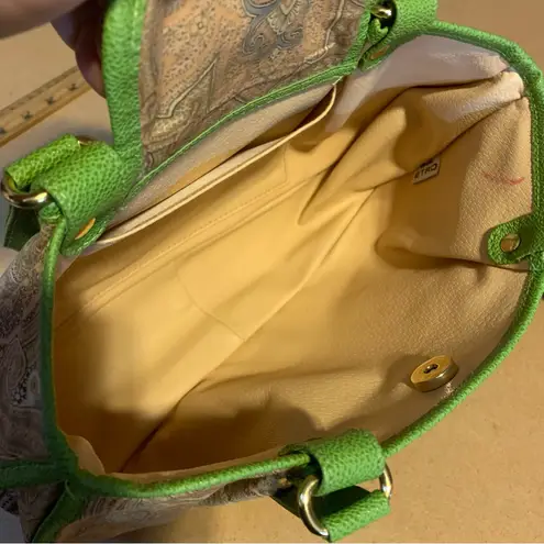 ETRO GREEN FAUX LEATHER TRIM W/TAN & GRAY COTTON PAISLEY PRINT BODY SATCHEL BAG