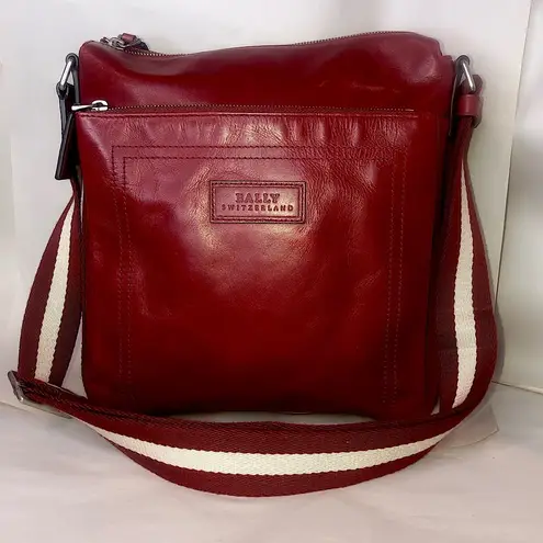 BALLY Red Leather Top Zip Crossbody Shoulder Bag w/ Red White Striped Strap EUC