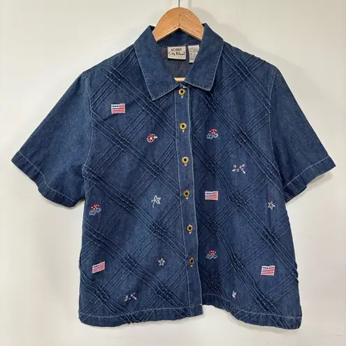 Vintage Koret City Denim Short Sleeve Shirt with Embroidered 4th of July Theme L Blue Size L