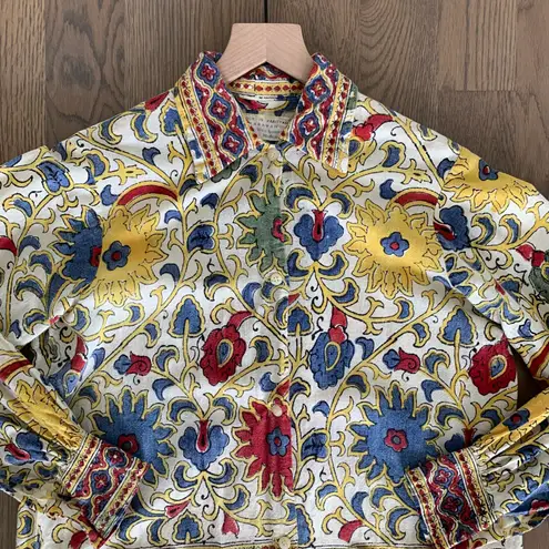 Vintage Hand Made for Karavan Block Printed Long Sleeve Cotton Top Size Medium