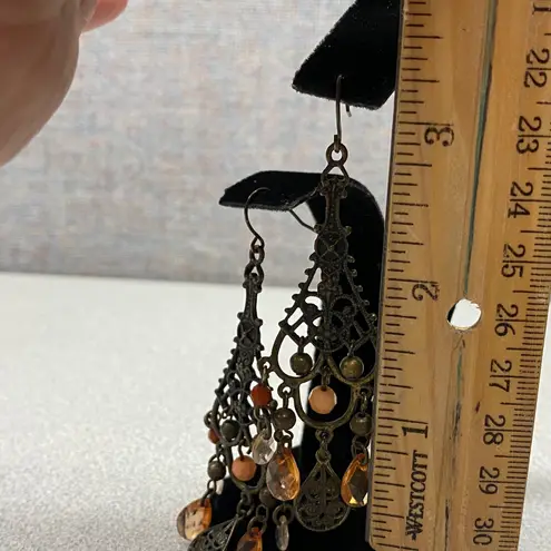 Bohemian Chandelier Earrings Bronze Tone Orange Gemstone Dangle Drop Fairycore Brown
