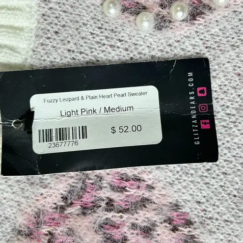 Glitz & Ears Sweater Womens M Pink Cream Fuzzy Leopard Heart Pearl Sweater NEW Size M
