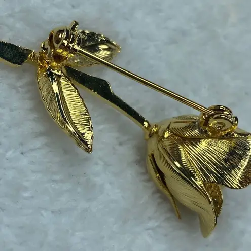 Gold Tone Long Stem Bud Rose Pin Brooch Leaves Stem Flower Vintage