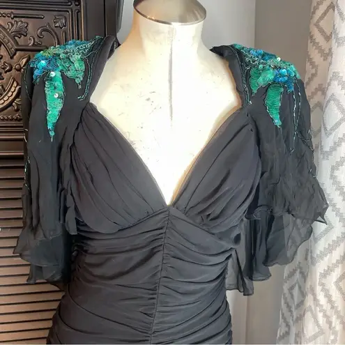 Casadei 1980s Black Ruched Turquoise Sequined Gatsby Deco Flapper Dress Cape 12