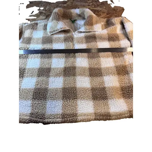 Dip Sherpa Fleece Plaid Pullover Tan & White Checkered Teddy Size 2XL 1/2 Zip Brown