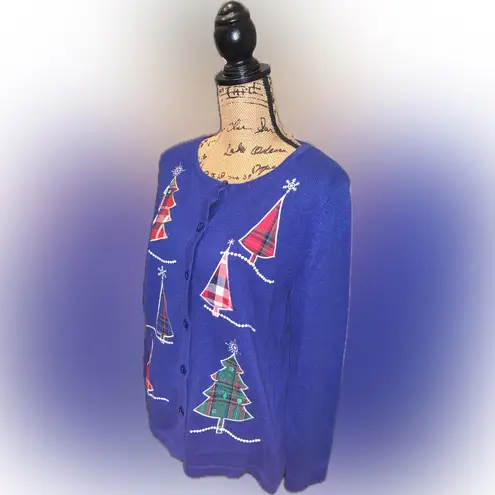 Vintage Festive Blue Knit Sweater Embroidered Sequins Plaid Trees Snowflakes XL