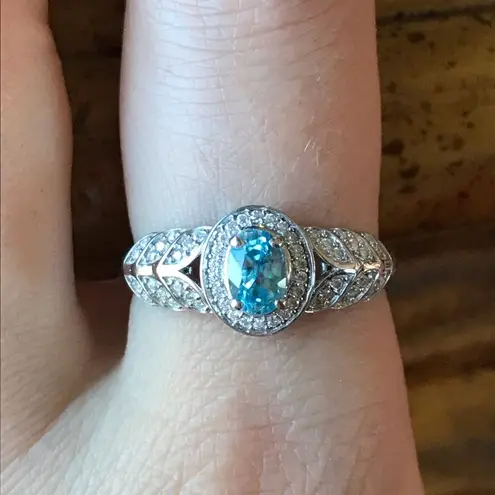 Natural Blue Zircon Moissanite Sterling Silver Ring Size 9