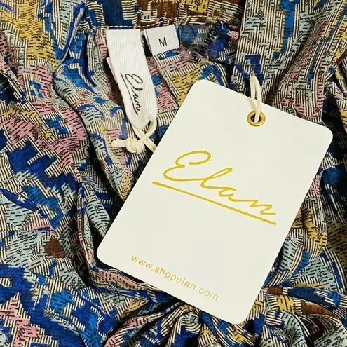 Elan Ava Blue Tapestry Ruffle Sheer Tie Neck Boho Top NWT Size Medium Y2K