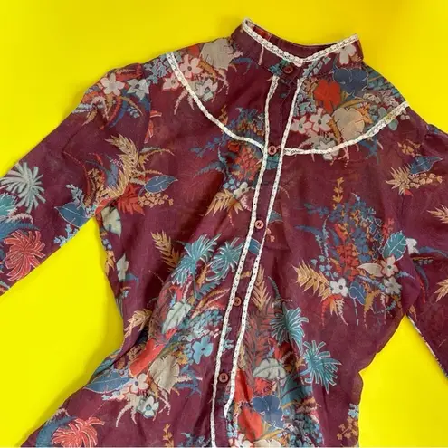 Patty’s Of Texas Vintage 1970s Floral Maroon Western Boho Button Down Shirt