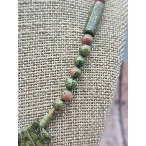 None Artisan Boho Unakite Natural Stone Beaded Collar Bib Necklace Toggle Clasp 18"