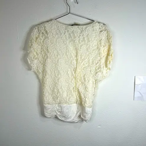 Love j Romantic White Lace Overlay Blouse Satin Ruched Hem Size Med Dressy