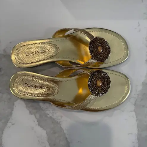 Enzo Angiolini Eanetta Sandals Women's 8 Stacked Wedge Heel Jeweled Beaded Gold