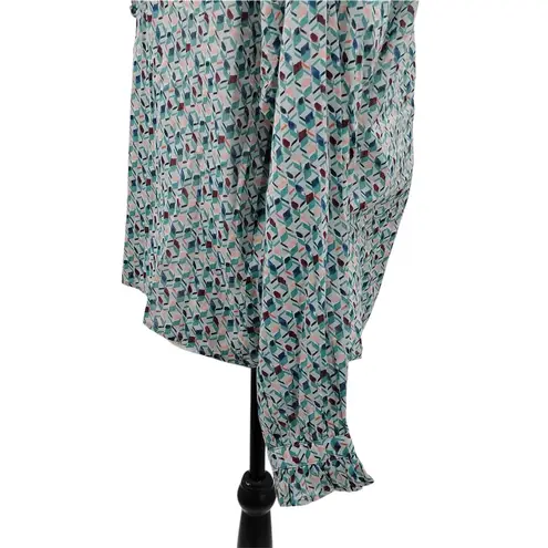 Cotelac Ruffle Top Blouse Button Up Geometric Print Art Deco Green Blue 1 Medium