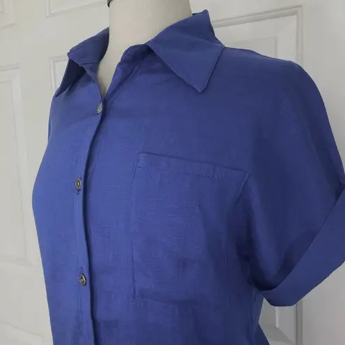 Blue linen short sleeve shirt, ladies small short sleeve relaxed fit button down