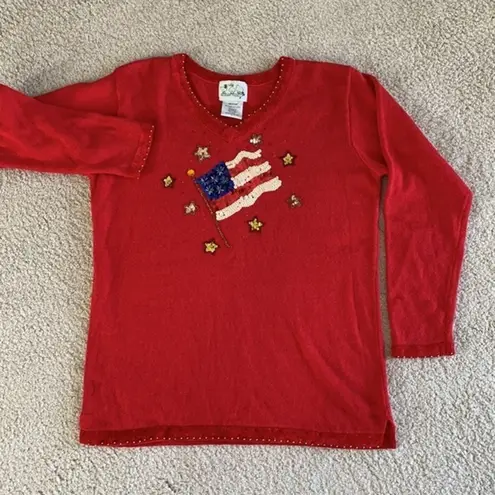 Quacker Factory Quaker Factory Womens Sweater Medium Red‎ American Flag USA V-Neck Vintage 90’s