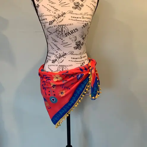 Large Lightweight Colorful Red Yellow Blue Flowered Square Scarf with Pom Poms