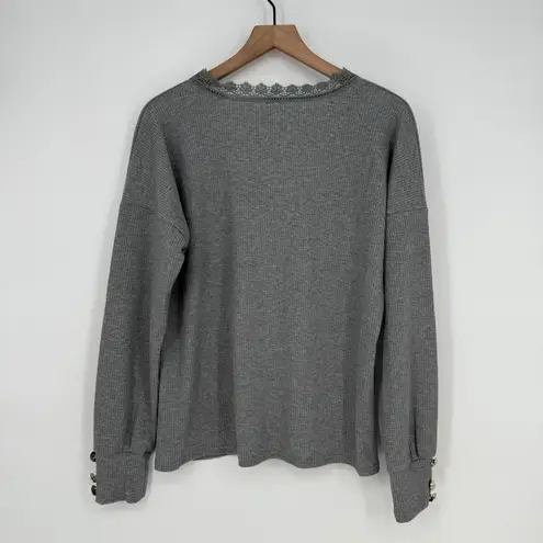 Gray Ribbed Long Sleeve Lace Trim V
