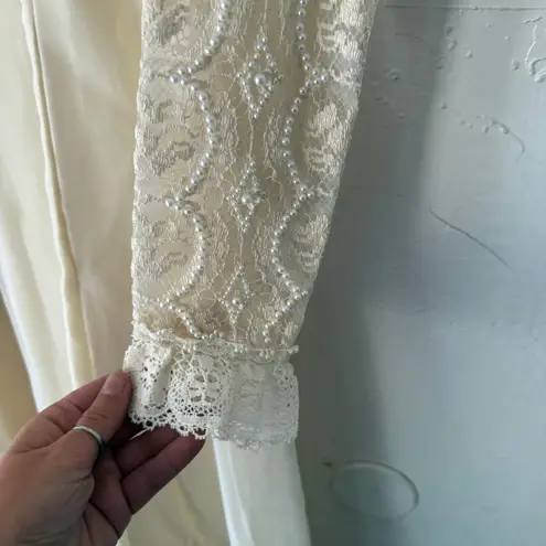 Vtg 60s Lace Victorian Wedding Dress High Neck Long Sleeve‎ Pearl Trim Size 2 XS