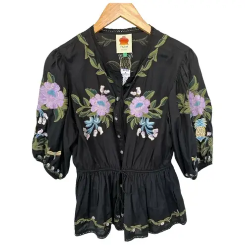 Farm Rio Anthropologie Winter Garden Embroidered Blouse Black Purple Size Small