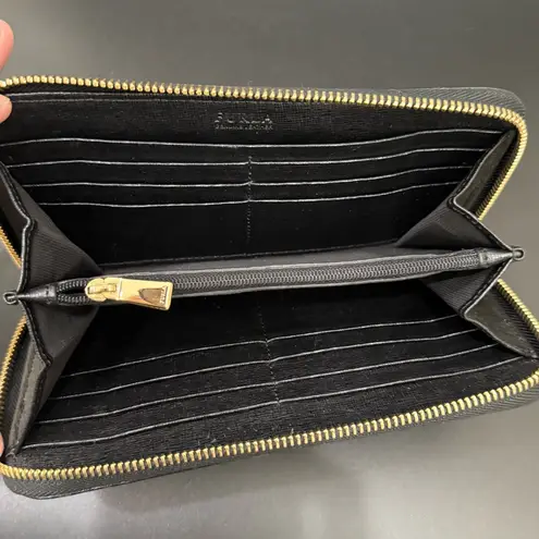 Furla Black Saffiano Textured Leather Zip Around Gold-tone Zip Pull Wallet 8”X4”