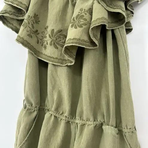 Giddy Up Glamour  Boho Off The Shoulder Romper Olive Green Embroidered Size S - Image 4