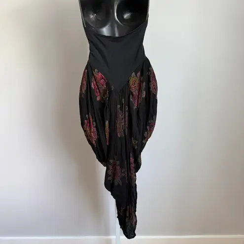 VTG Karen Alexander Black Floral Halter Dress Ruched Tulip Hem Sleeveless sz 10