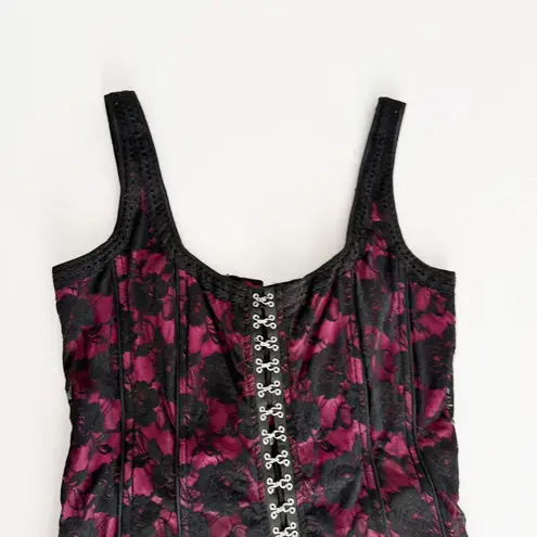 Tripp NYC [] Black Pink Y2K Floral Print Lace Hook & Eye Corset Top Size Large L