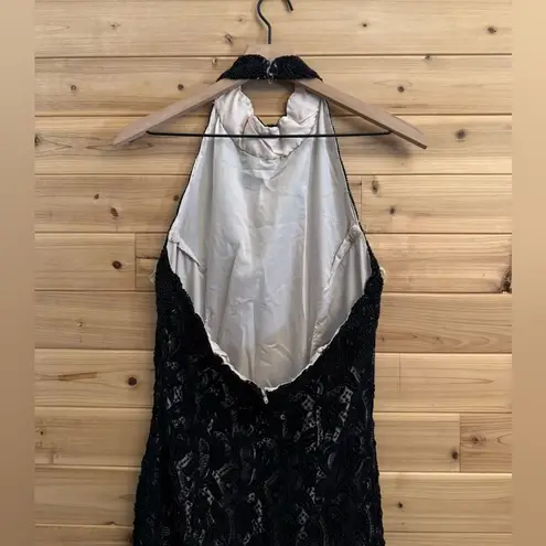 Vintage Stenay Size Small Beaded High Halter Scalloped Neckline Fancy Prom Gown Black