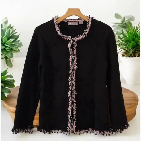 TanJay Black w/ Pink fringe knit cardigan sweater blazer Women’s Size S Small