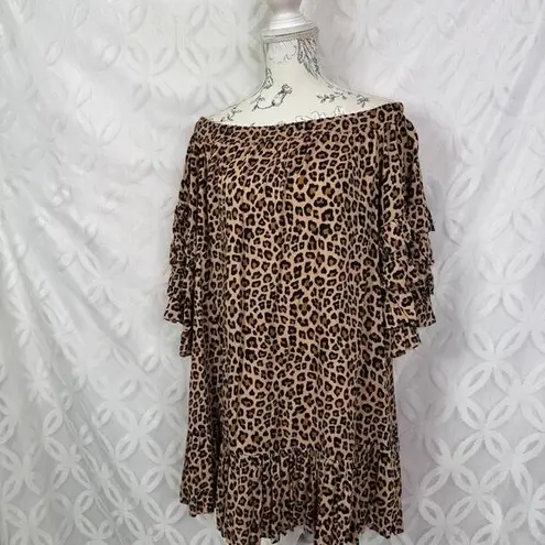 Fate Oversized Leopard Print Dress W/ Tiered Ruffle Sleeves & Ruffle Hem Size S Brown