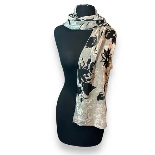 Gray Velour & Sheer Black Floral Scarf