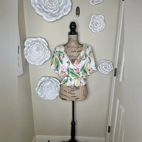 NTM: June & Hudson Ruffled Tropical Print Ivory Crop Top Blouse Size Small White