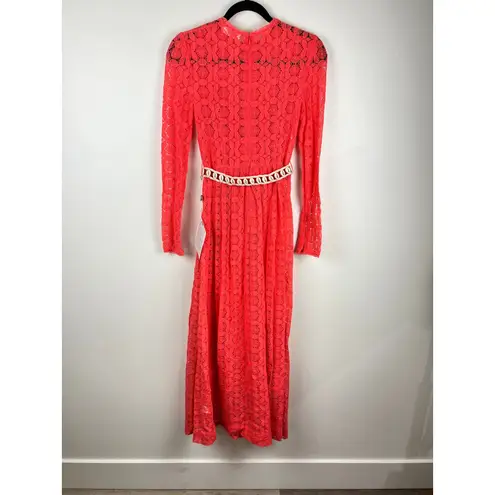 Zimmermann NWT Allia High Neck Lace Dress Coral Pink Crochet Shell Belted Maxi 0