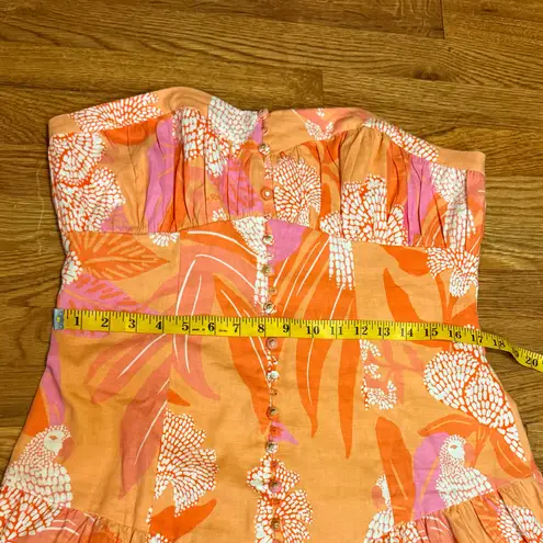 Farm Rio Women’s Large Linen Blend Orange Strapless Drop Waist Maxi Dress Floral