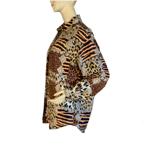 VINTAGE 1990'S S.L.B. BY SUNNY LEIGH ANIMAL PRINT SILK BUTTON DOWN BLOUSE (M) Brown Size M