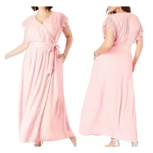 NWT Roaman’s Wrap Maxi Dress Lace Sleeves Size 12W Blush Pink