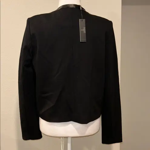 Tahari NWT T Black Collarless Open Front Faux Leather Trim Jacket Blazer M