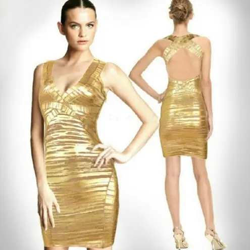 Bebe NWT  Gold Foiled Bandage Dress XS
