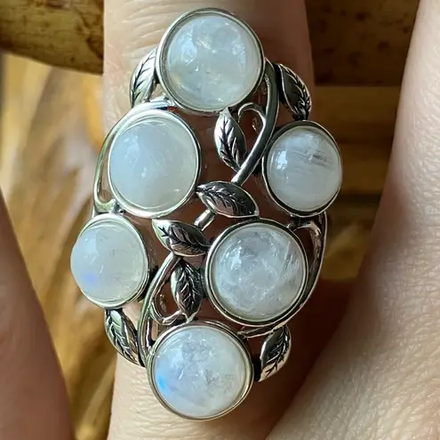 Natural Rainbow Moonstone Sterling Silver Cocktail Ring Size 6