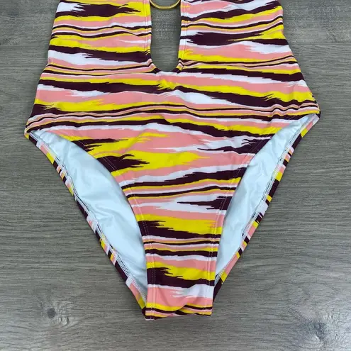 VIX by Paula Hermanny Brown&Yellow Watercolor Stripe Deep Plunge One Piece Sz.L Brown Size L