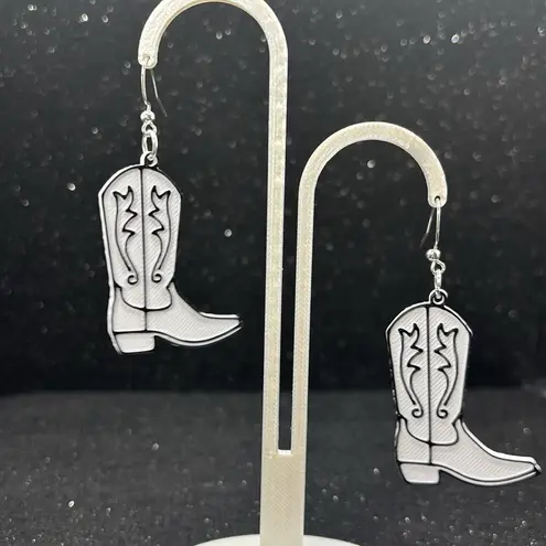 White and Black Cowboy Boot Earrings Silver