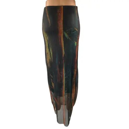 Women's Black Multicolor Abstract Paint Mesh High Waisted Maxi Skirt Size S